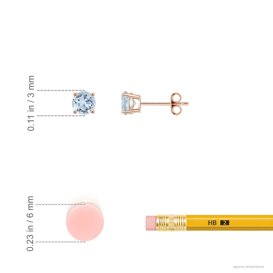 3mm A Round Aquamarine Stud Earrings in Rose Gold ruler