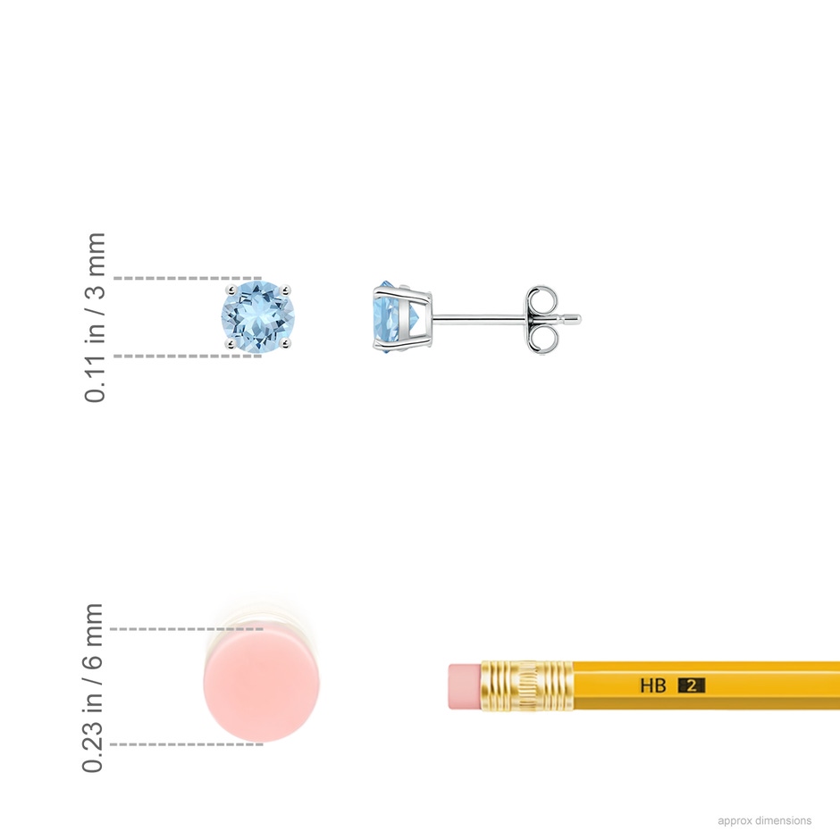 3mm AAA Round Aquamarine Stud Earrings in 18K White Gold ruler