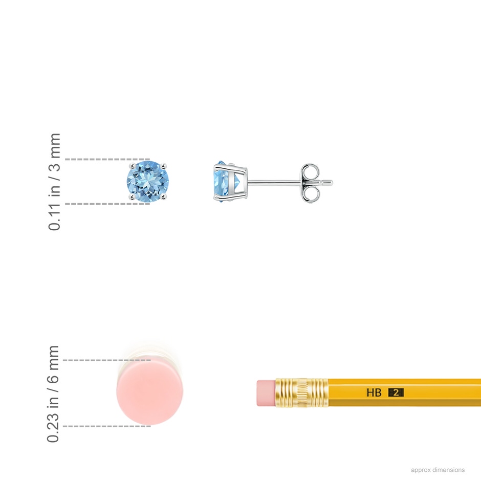 3mm AAAA Round Aquamarine Stud Earrings in P950 Platinum ruler