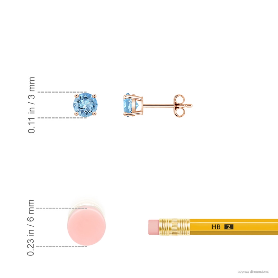 3mm AAAA Round Aquamarine Stud Earrings in Rose Gold ruler