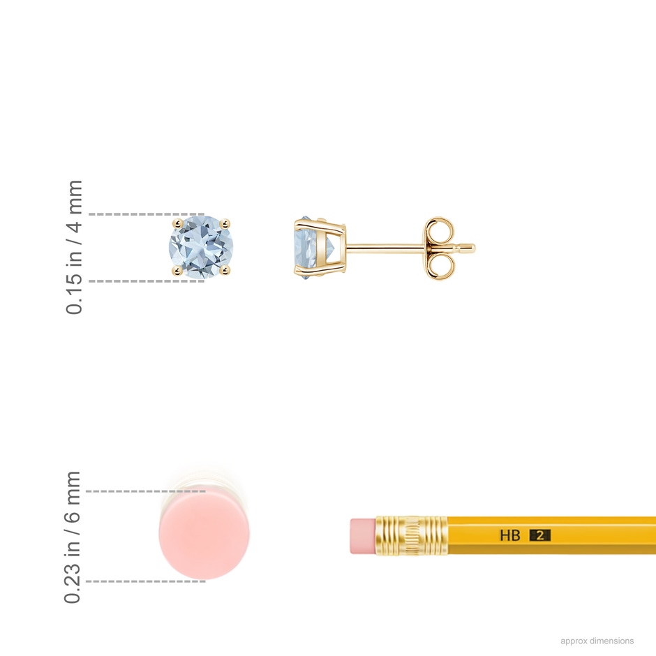 4mm A Round Aquamarine Stud Earrings in Yellow Gold ruler