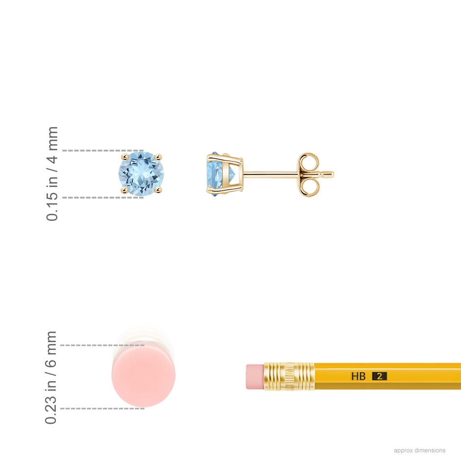 4mm AAA Round Aquamarine Stud Earrings in Yellow Gold ruler
