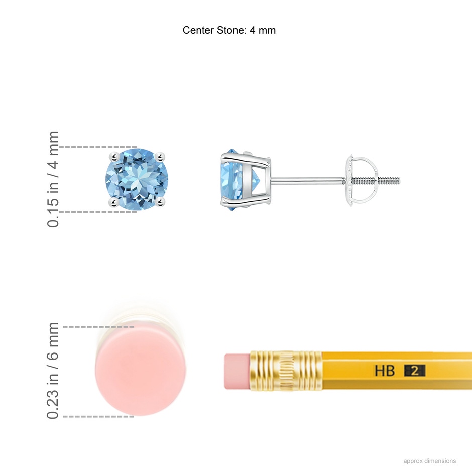 4mm AAAA Round Aquamarine Stud Earrings in P950 Platinum ruler