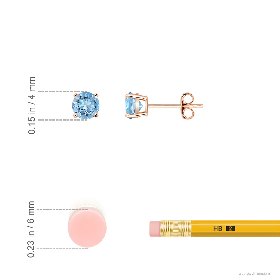 4mm AAAA Round Aquamarine Stud Earrings in Rose Gold ruler