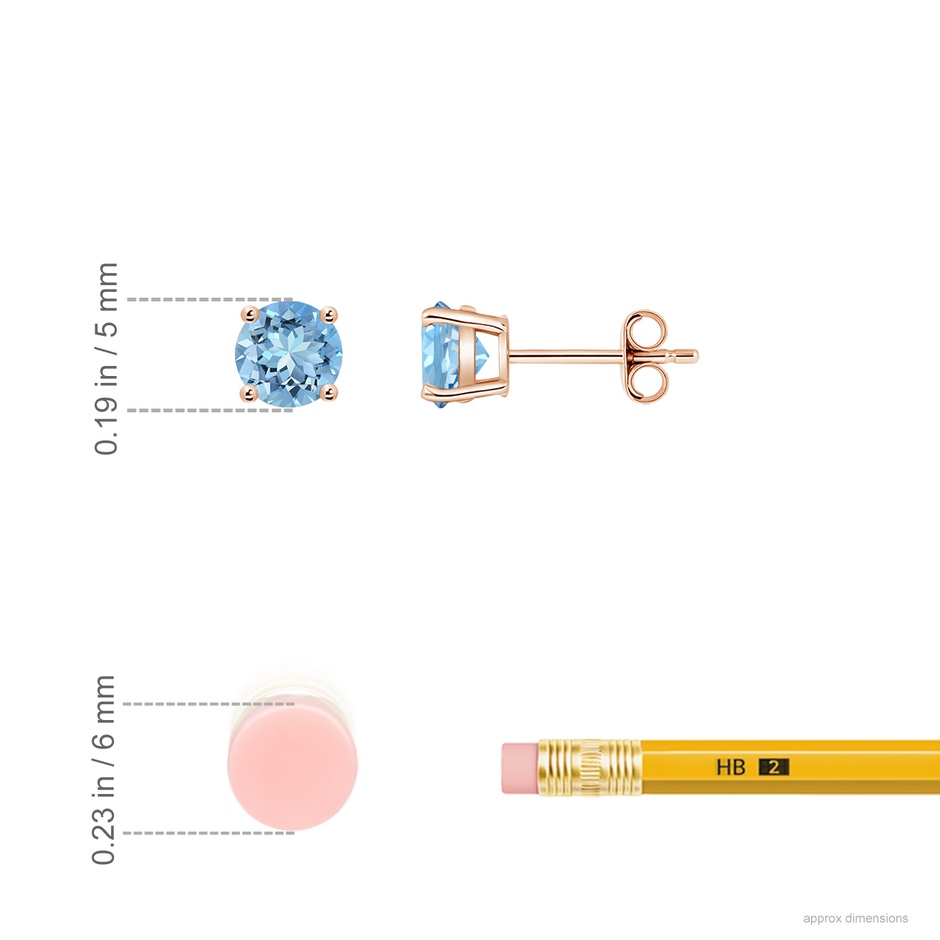 5mm AAAA Round Aquamarine Stud Earrings in Rose Gold ruler