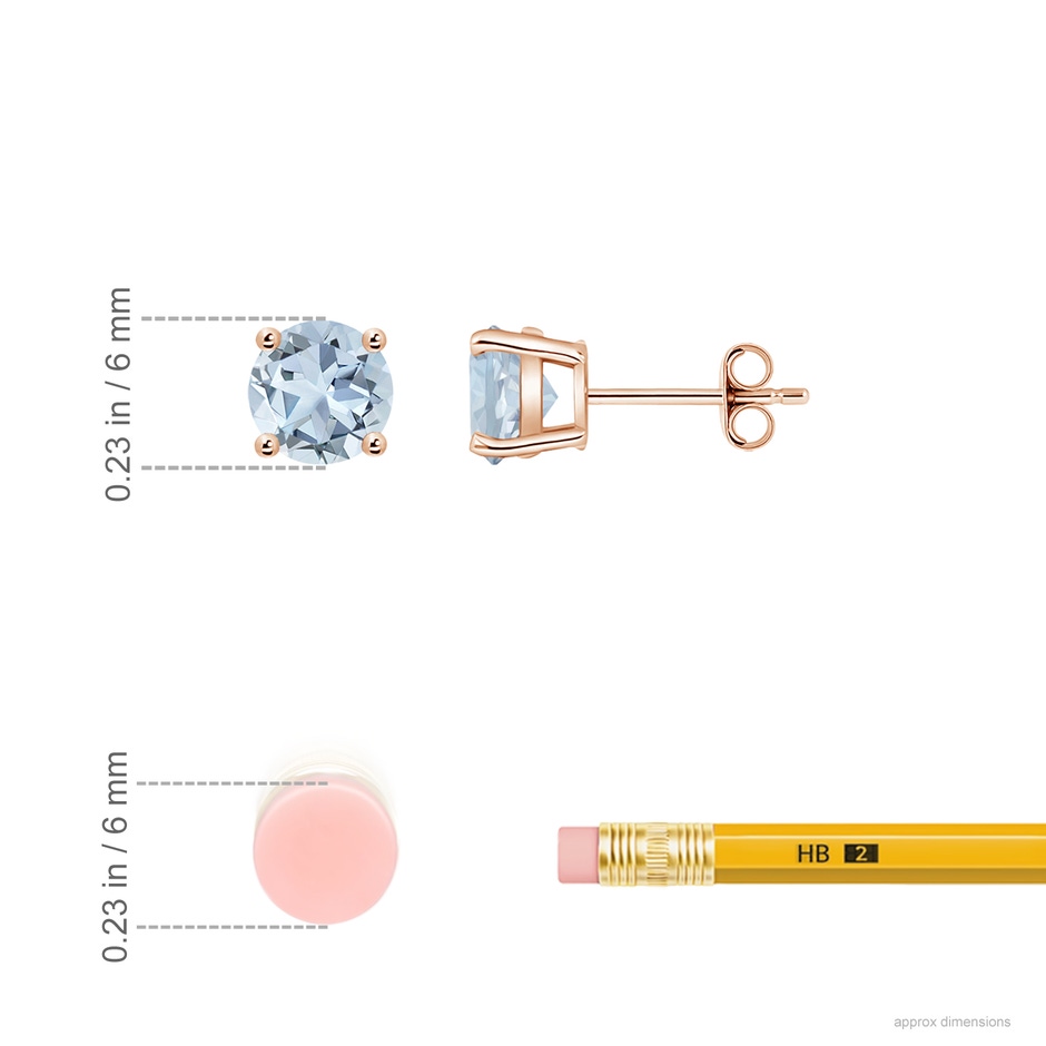 6mm A Round Aquamarine Stud Earrings in 18K Rose Gold ruler