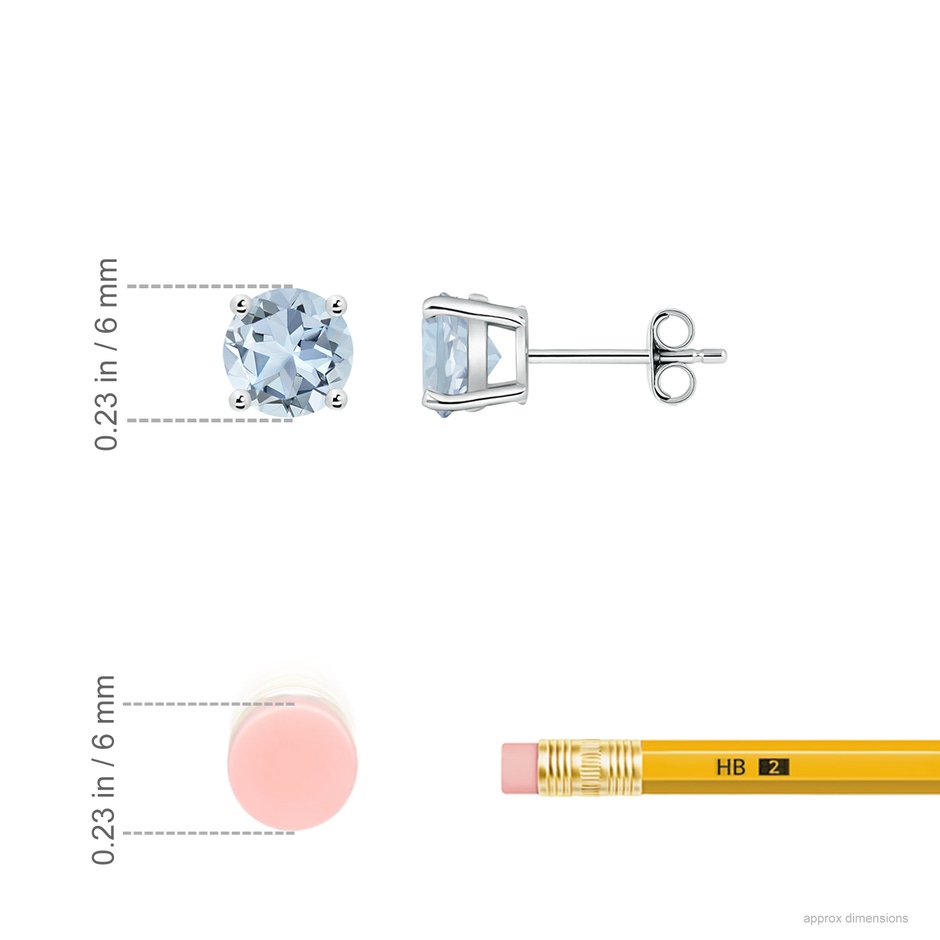 6mm A Round Aquamarine Stud Earrings in 18K White Gold ruler