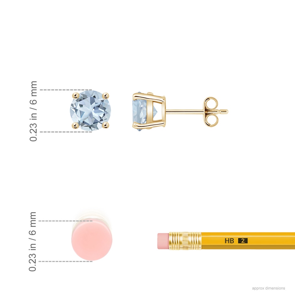 6mm A Round Aquamarine Stud Earrings in Yellow Gold ruler