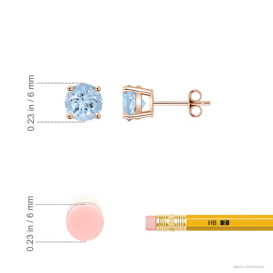 6mm AA Round Aquamarine Stud Earrings in 18K Rose Gold ruler