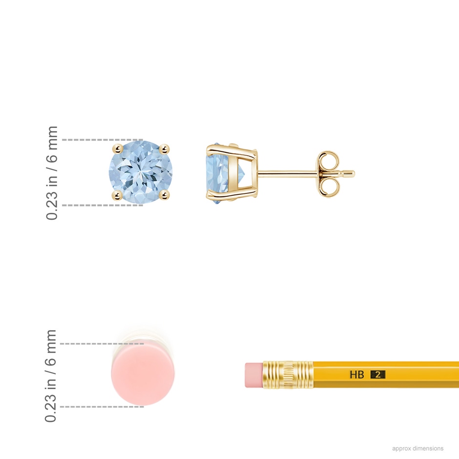 6mm AA Round Aquamarine Stud Earrings in Yellow Gold ruler