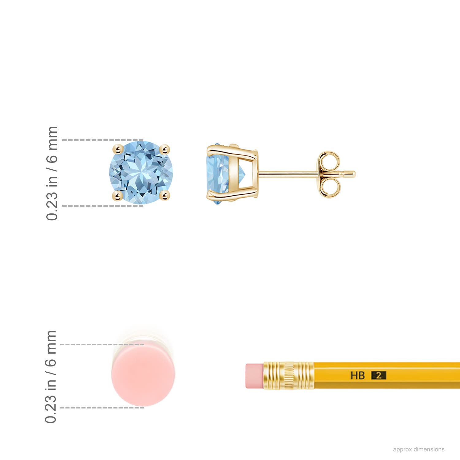 6mm AAA Round Aquamarine Stud Earrings in 18K Yellow Gold - ruler