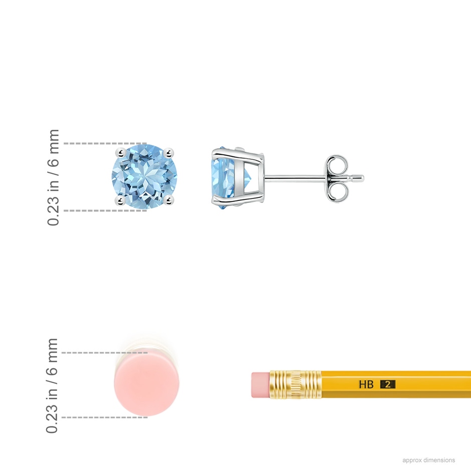 6mm AAAA Round Aquamarine Stud Earrings in 18K White Gold ruler