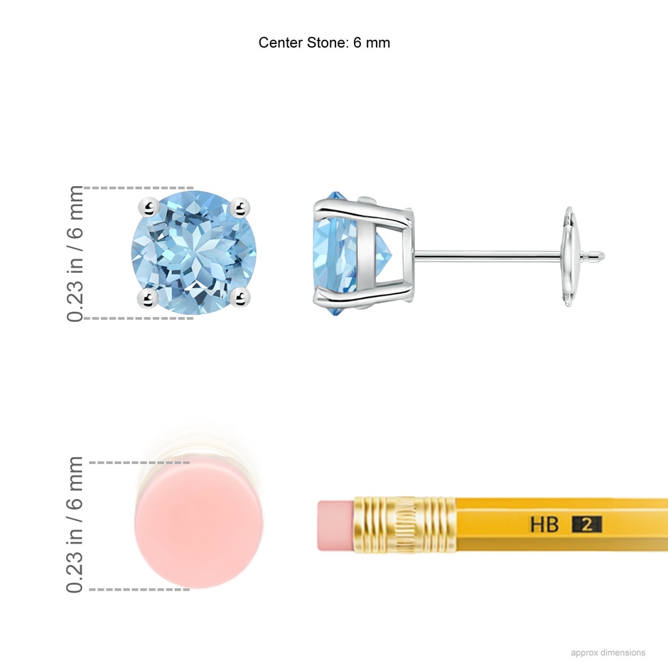 6mm AAAA Round Aquamarine Stud Earrings in White Gold ruler