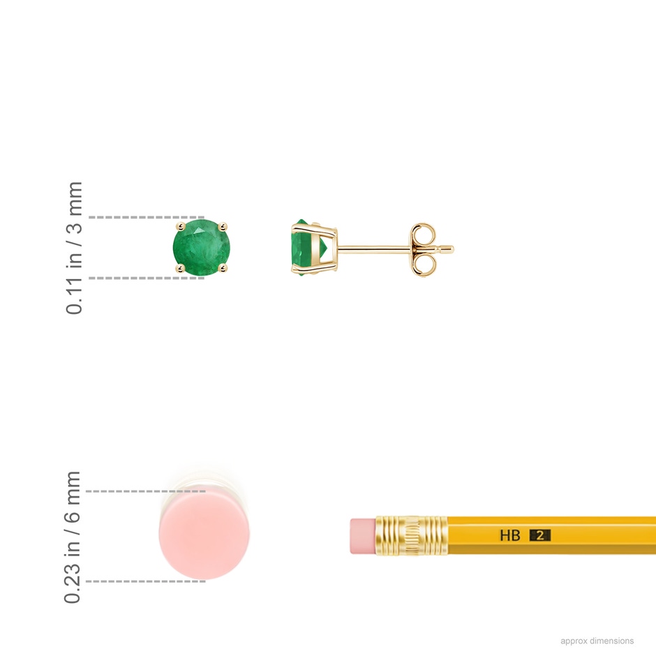 3mm A Round Emerald Stud Earrings in 10K Yellow Gold ruler