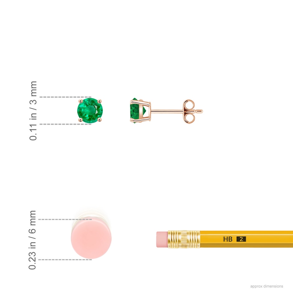 3mm AAA Round Emerald Stud Earrings in 9K Rose Gold ruler