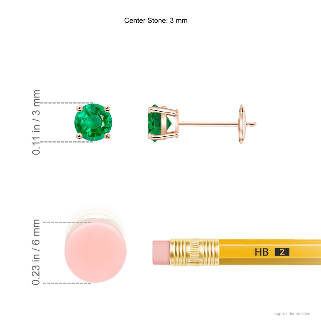 3mm AAA Round Emerald Stud Earrings in Rose Gold ruler