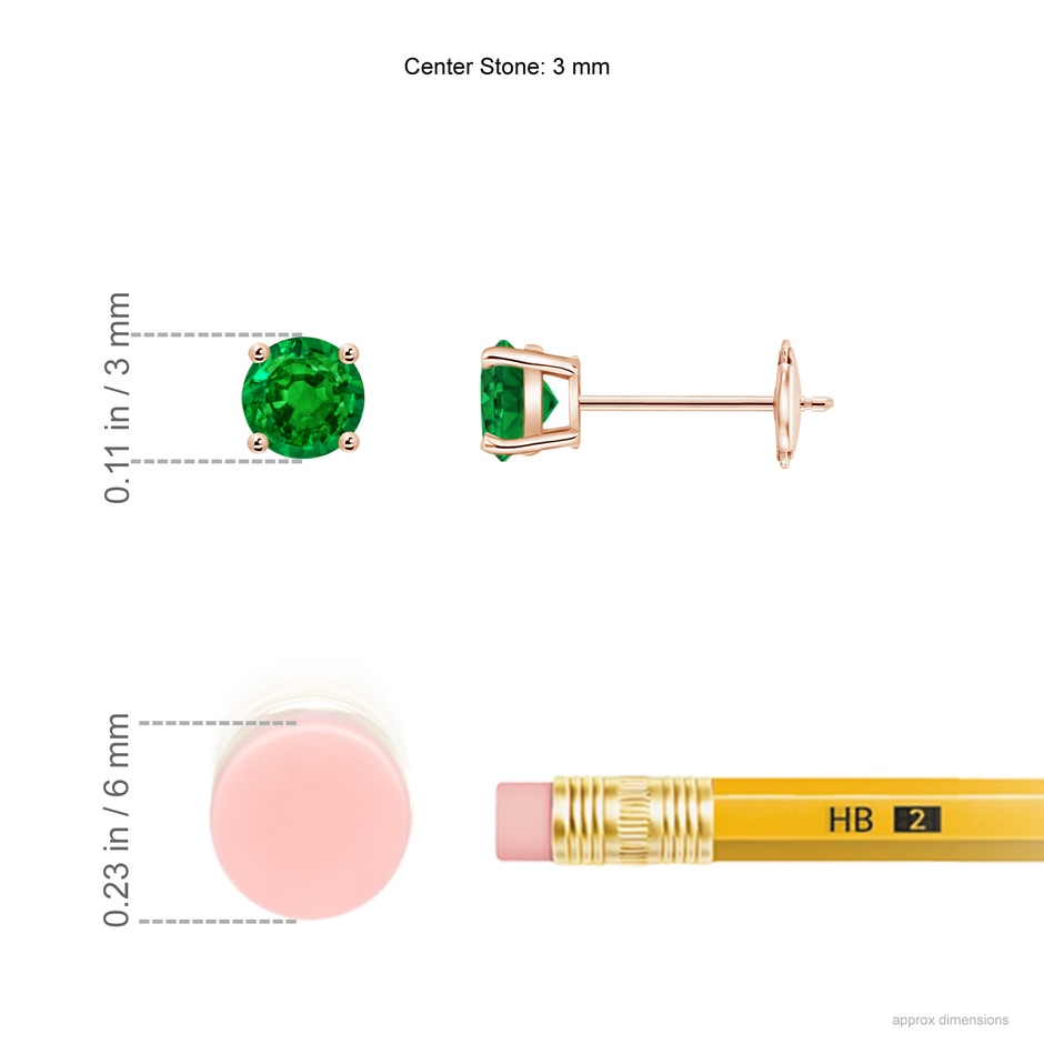 3mm AAAA Round Emerald Stud Earrings in Rose Gold ruler