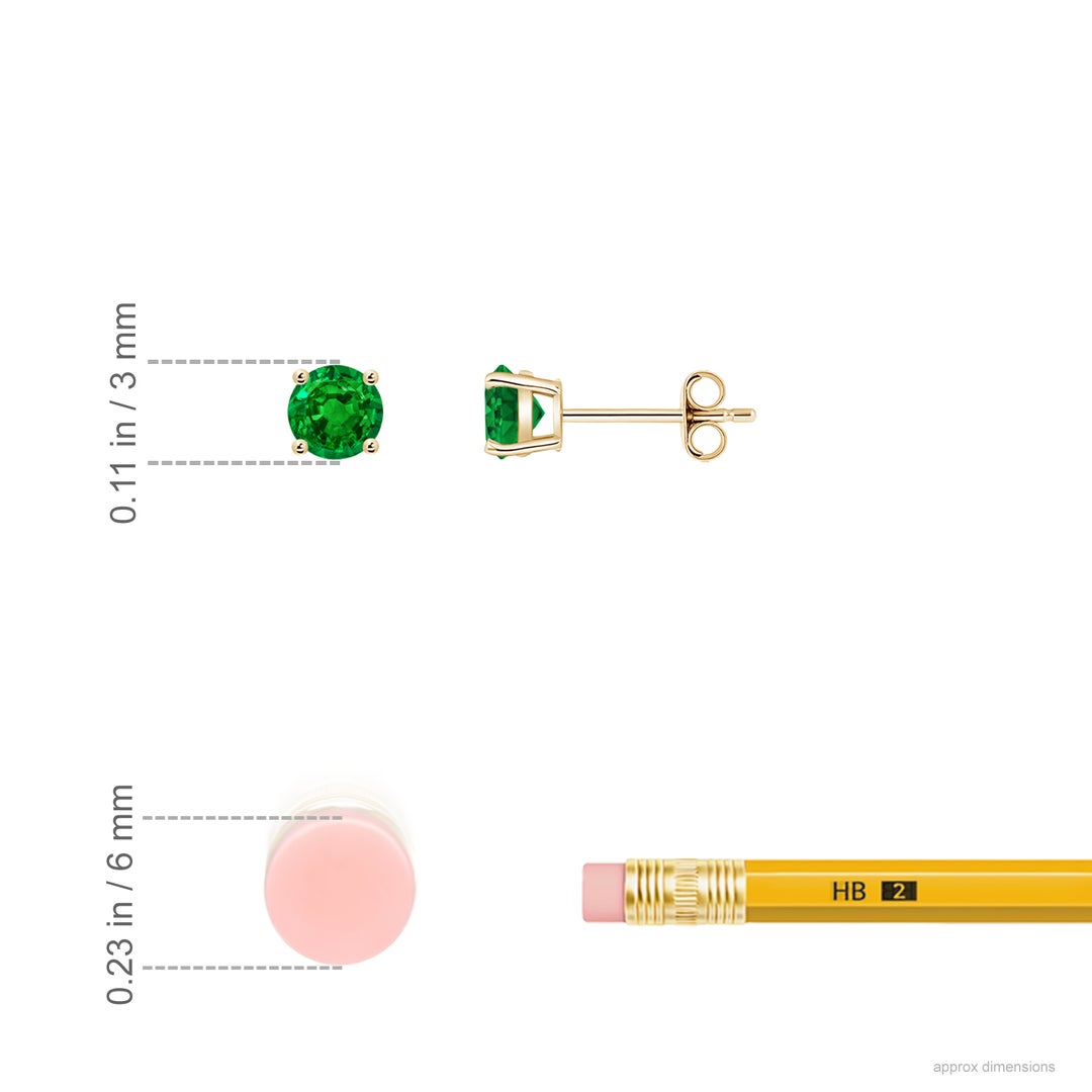 3mm AAAA Round Emerald Stud Earrings in Yellow Gold - ruler