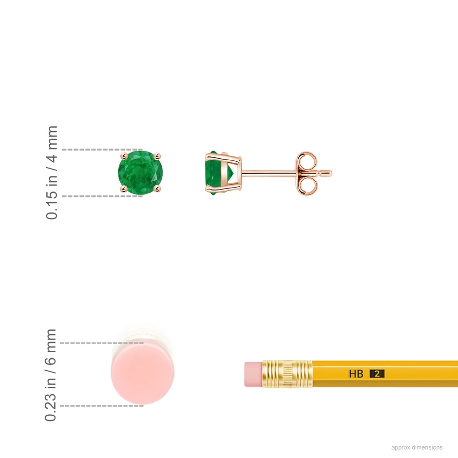 4mm AA Round Emerald Stud Earrings in Rose Gold ruler