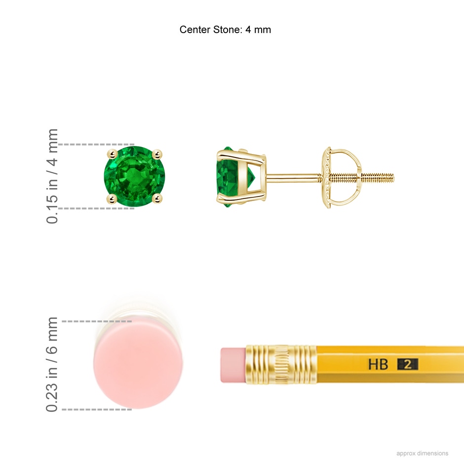 4mm AAAA Round Emerald Stud Earrings in 18K Yellow Gold ruler