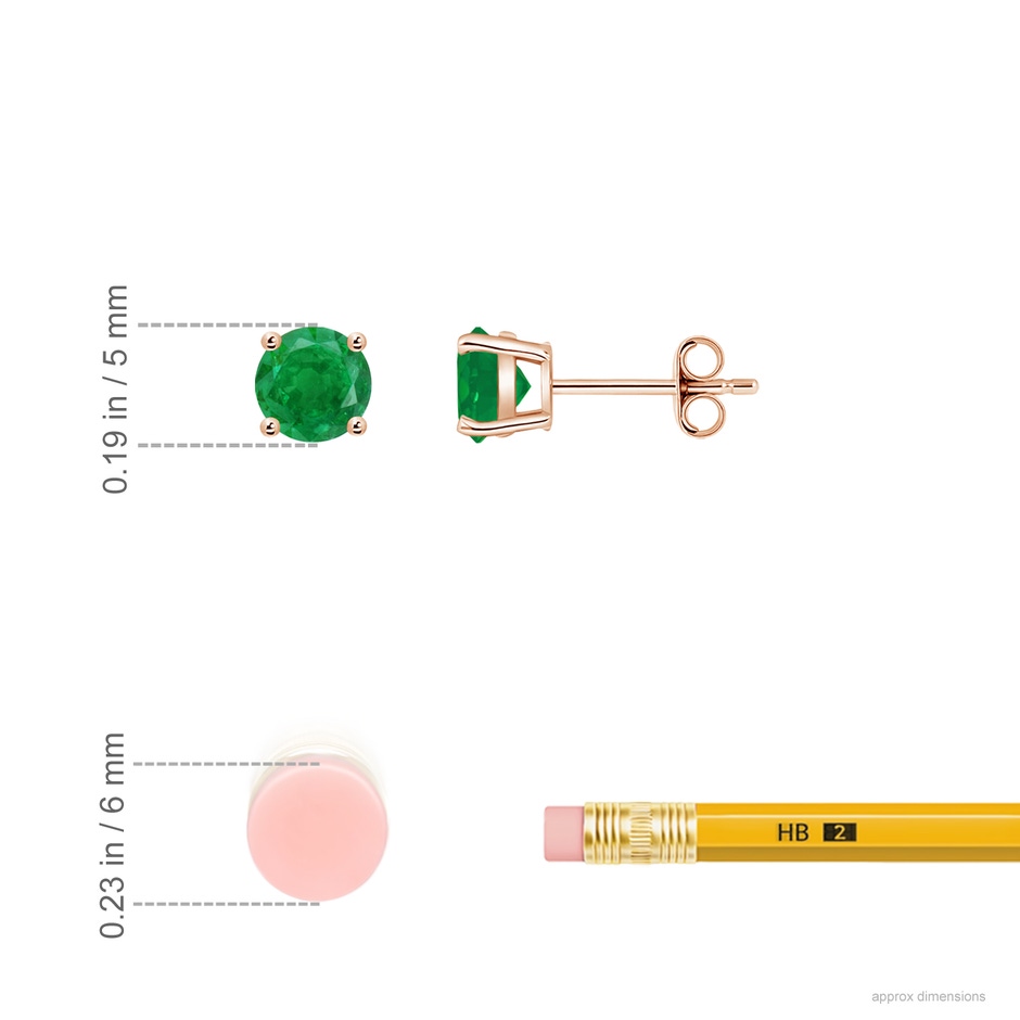 5mm AA Round Emerald Stud Earrings in Rose Gold ruler