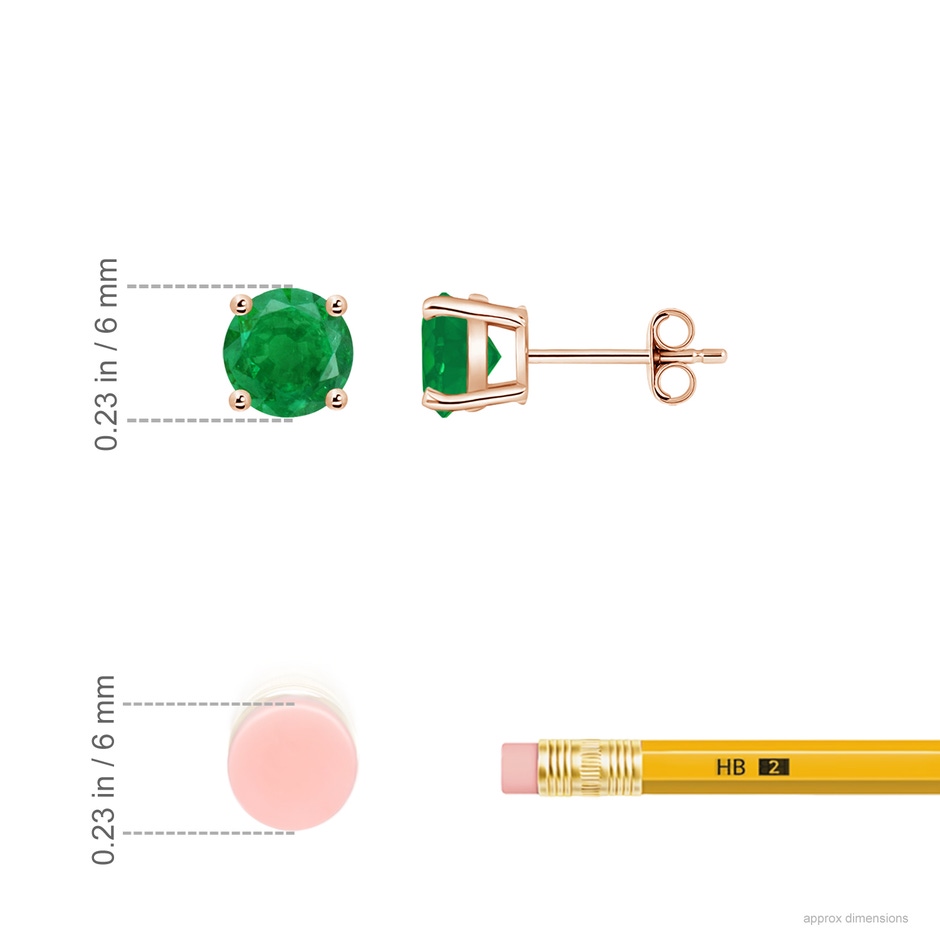 6mm AA Round Emerald Stud Earrings in Rose Gold ruler