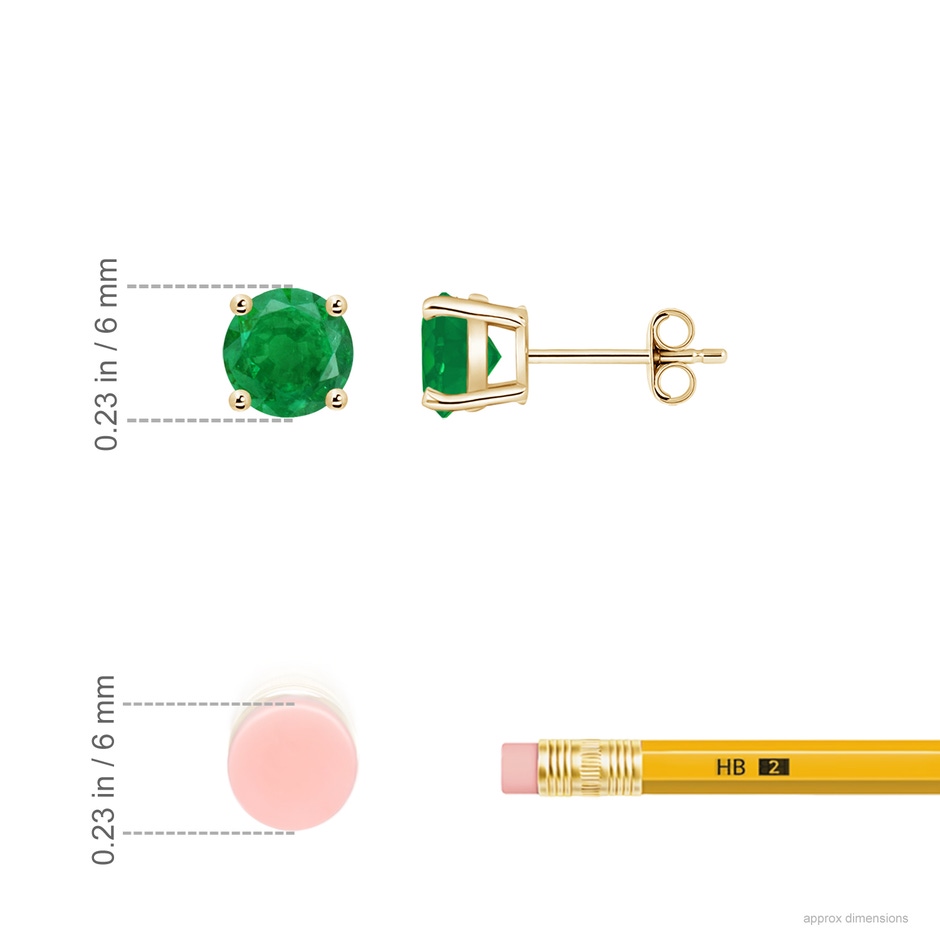 6mm AA Round Emerald Stud Earrings in Yellow Gold ruler
