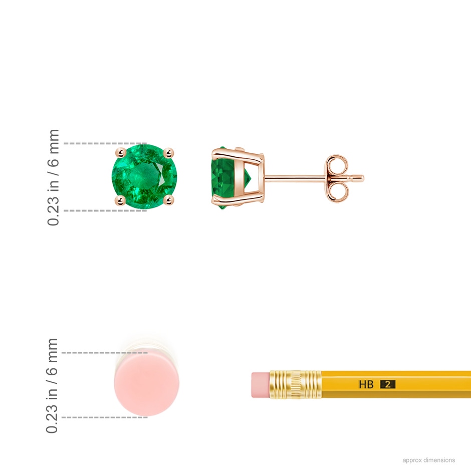 6mm AAA Round Emerald Stud Earrings in 18K Rose Gold ruler