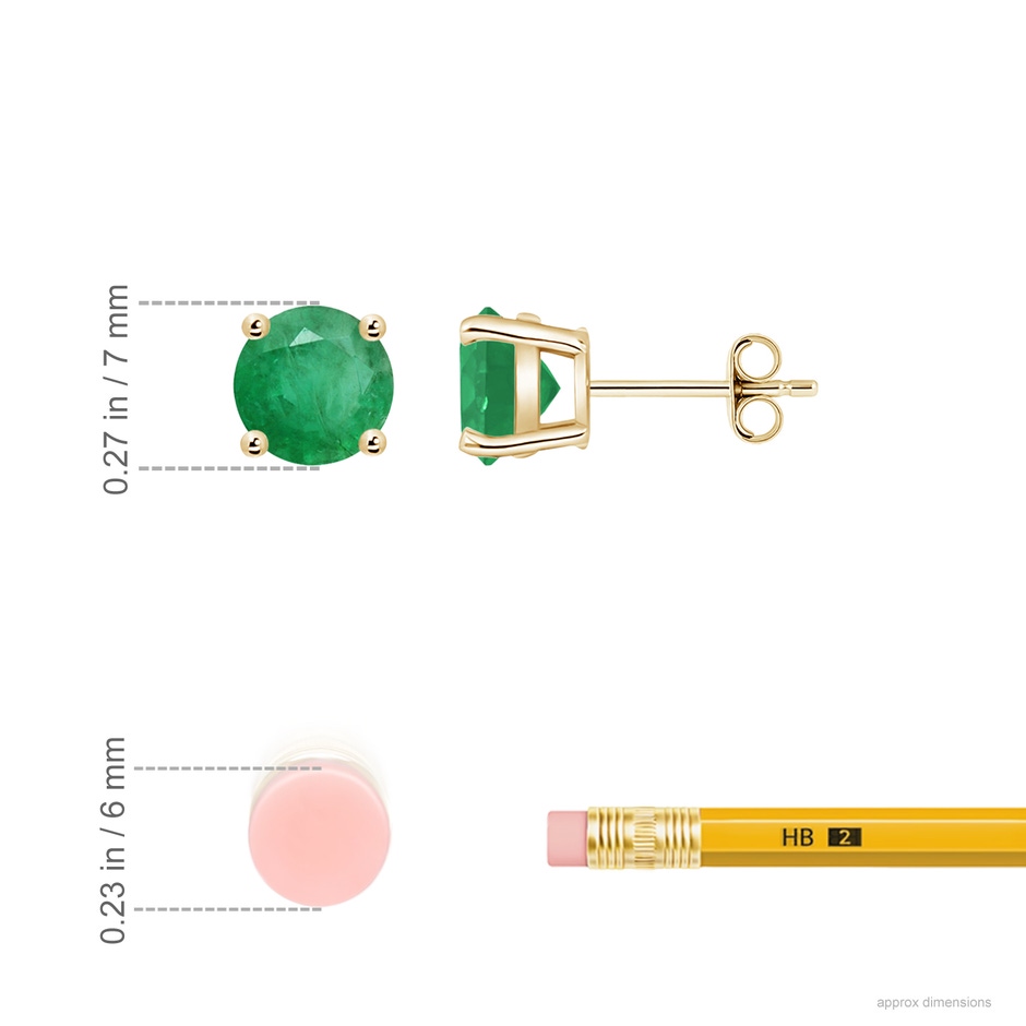 7mm A Round Emerald Stud Earrings in Yellow Gold ruler