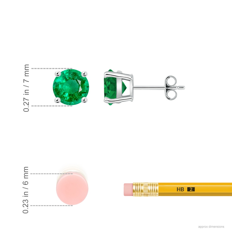 7mm AAA Round Emerald Stud Earrings in White Gold ruler