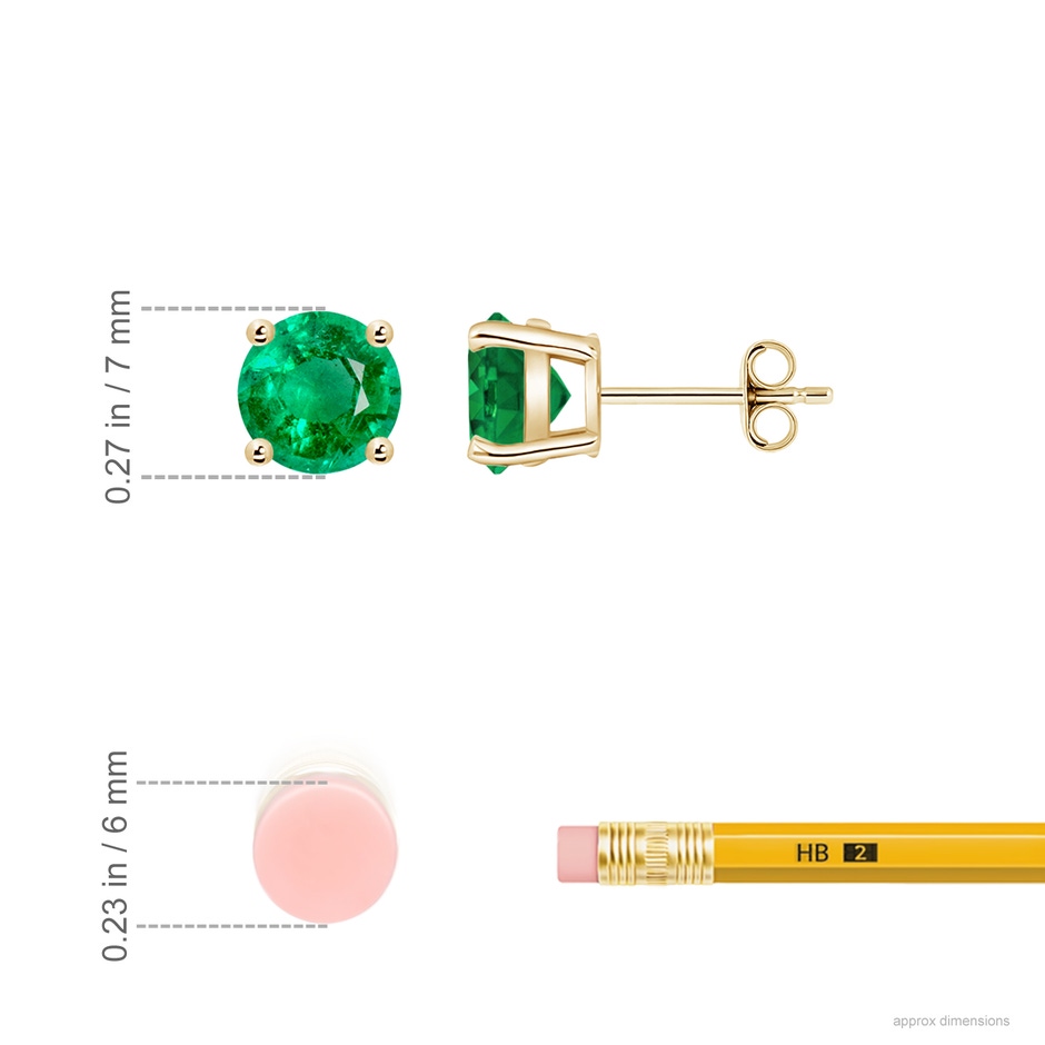7mm AAA Round Emerald Stud Earrings in Yellow Gold ruler