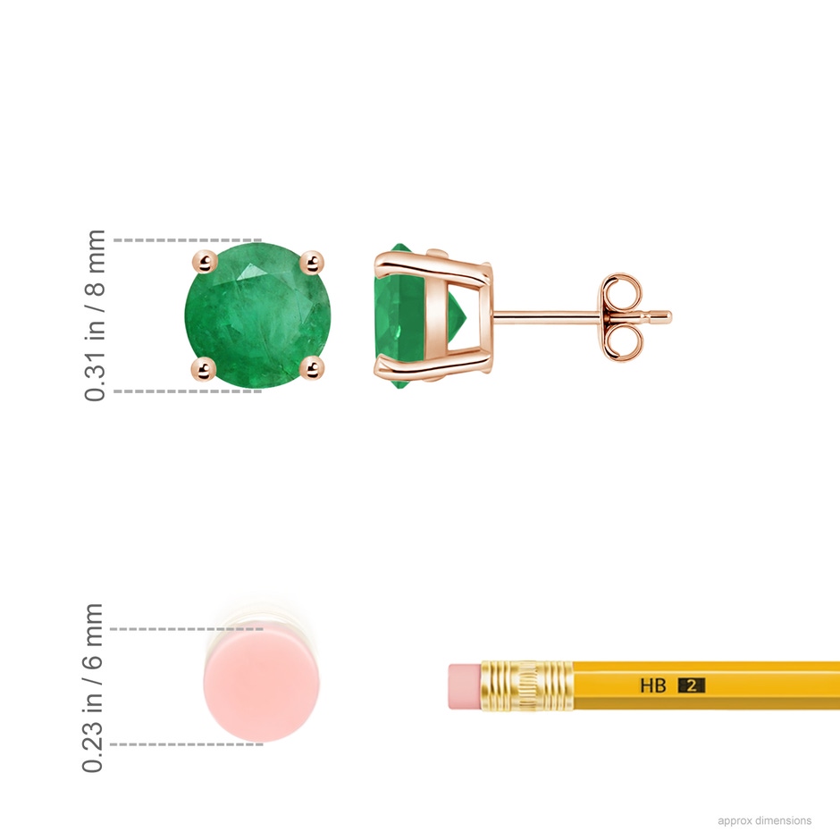 8mm A Round Emerald Stud Earrings in Rose Gold ruler