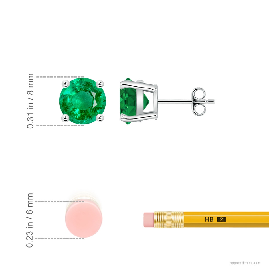 8mm AAA Round Emerald Stud Earrings in White Gold ruler
