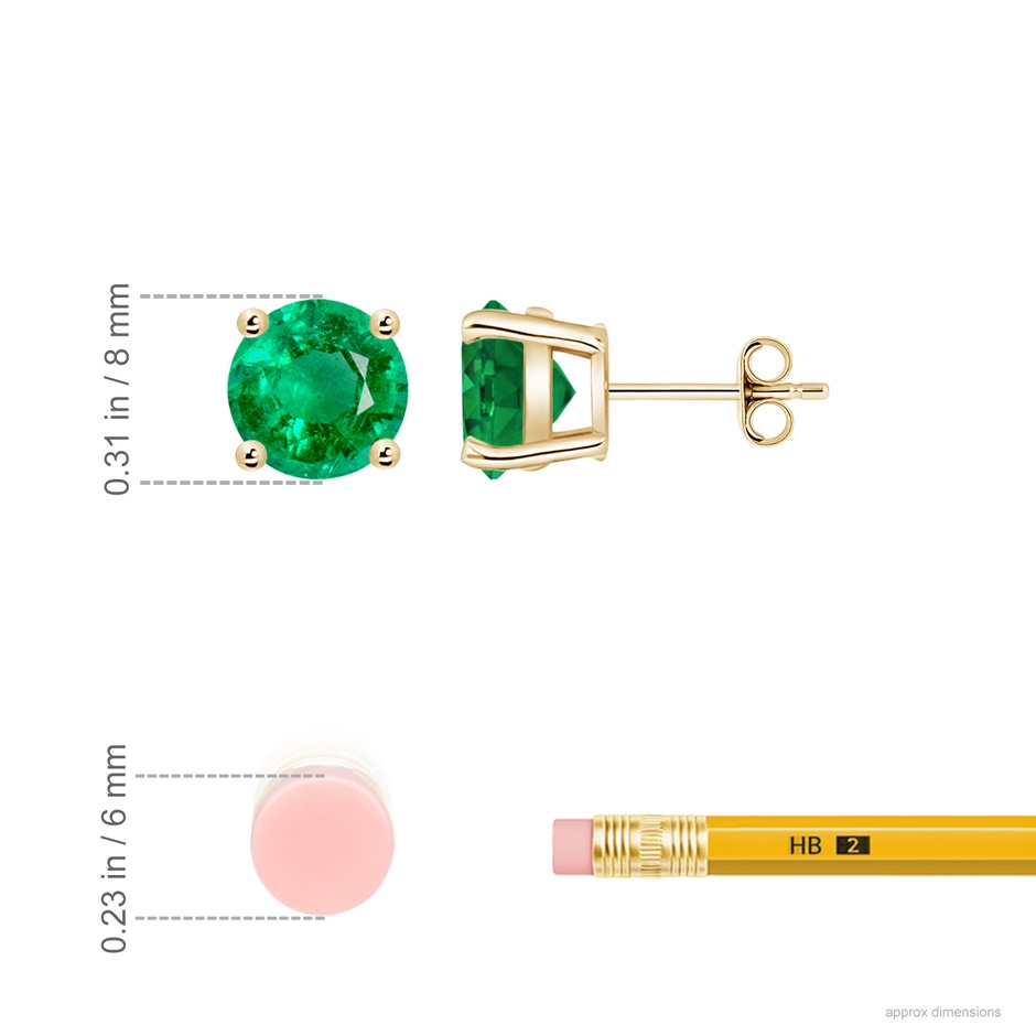 8mm AAA Round Emerald Stud Earrings in Yellow Gold ruler