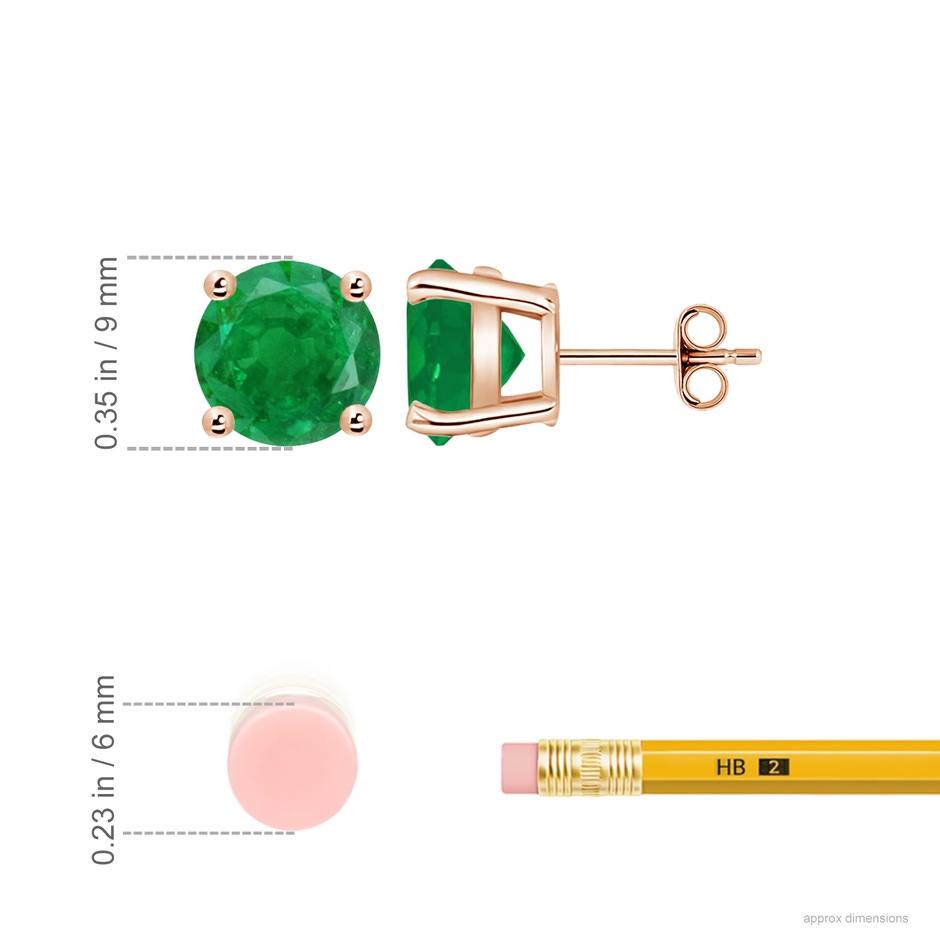 9mm AA Round Emerald Stud Earrings in Rose Gold ruler