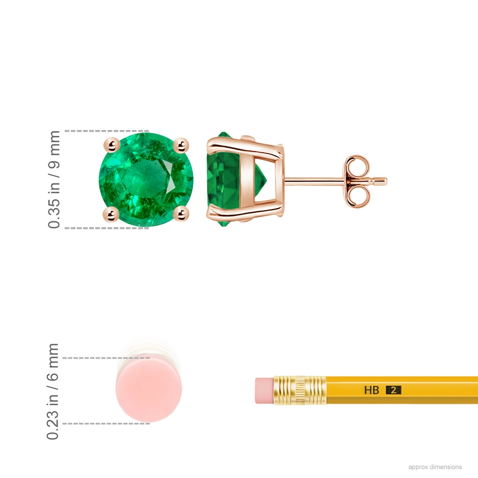 9mm AAA Round Emerald Stud Earrings in Rose Gold ruler