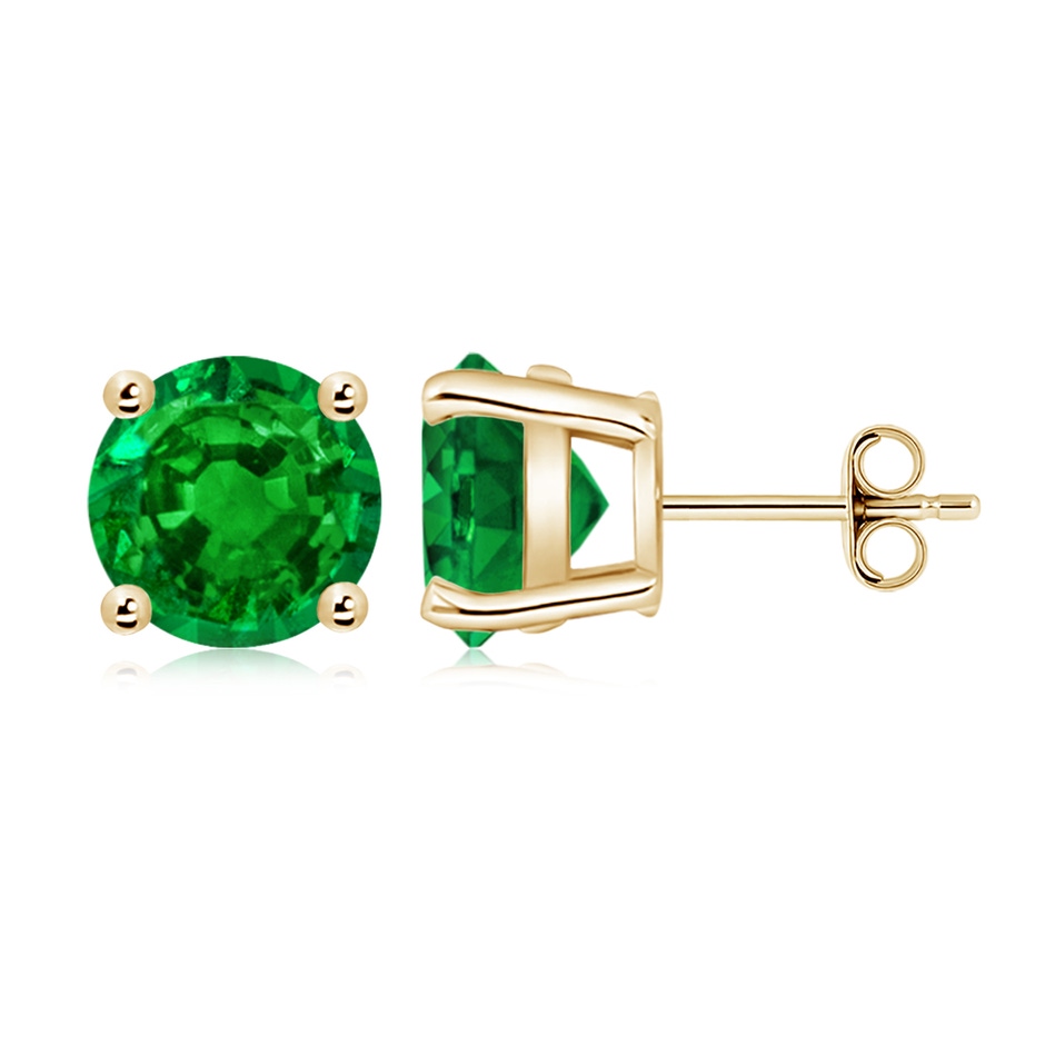 9mm AAAA Round Emerald Stud Earrings in Yellow Gold side 199
