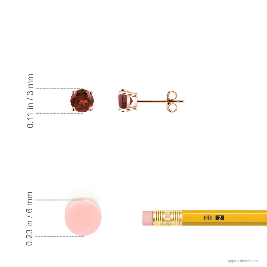 3mm AAAA Round Garnet Stud Earrings in Rose Gold ruler