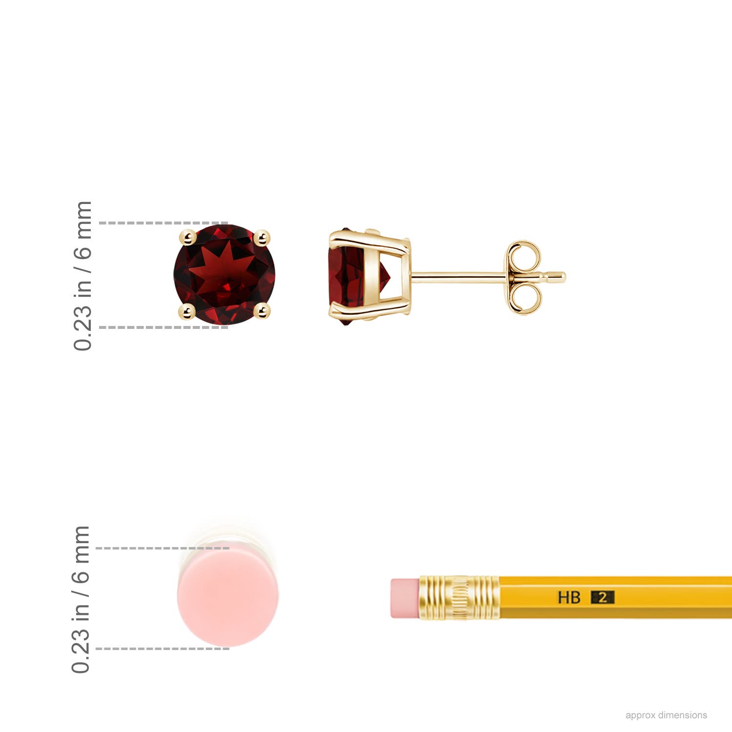 6mm AAA Round Garnet Stud Earrings in 18K Yellow Gold - ruler