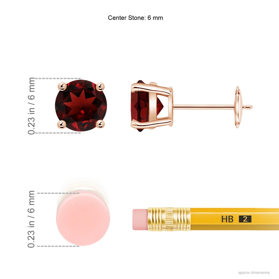 6mm AAA Round Garnet Stud Earrings in Rose Gold ruler