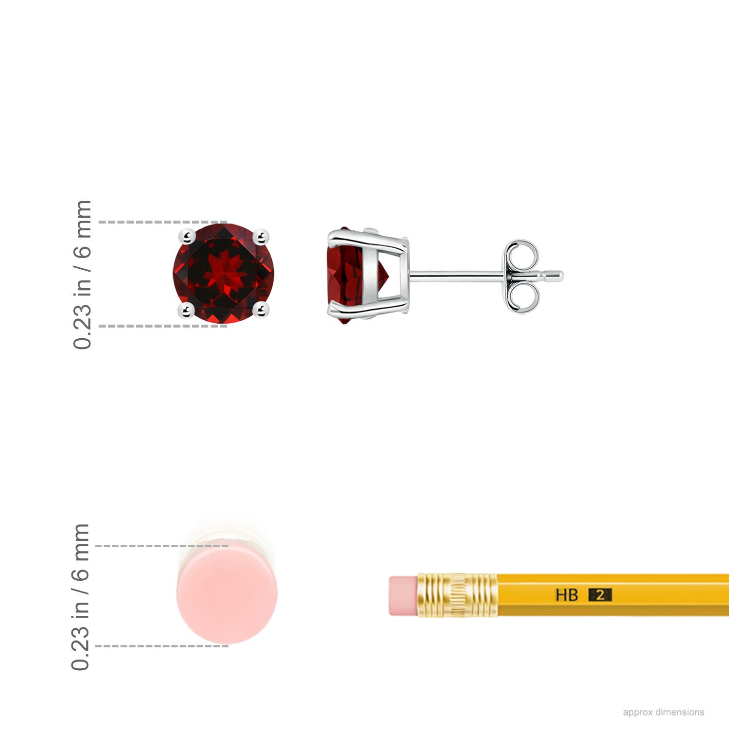 6mm AAAA Round Garnet Stud Earrings in 18CT White Gold - ruler