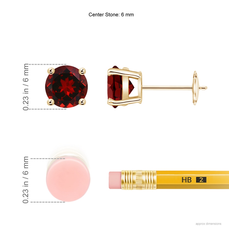 6mm AAAA Round Garnet Stud Earrings in Yellow Gold ruler