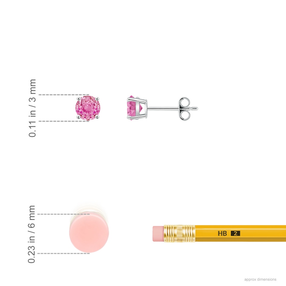 3mm AA Round Pink Sapphire Stud Earrings in White Gold ruler