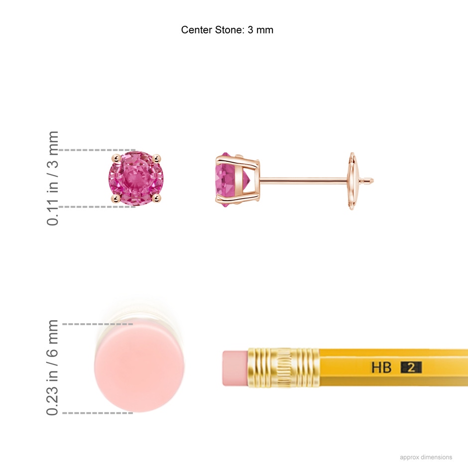 3mm AAA Round Pink Sapphire Stud Earrings in 9K Rose Gold ruler