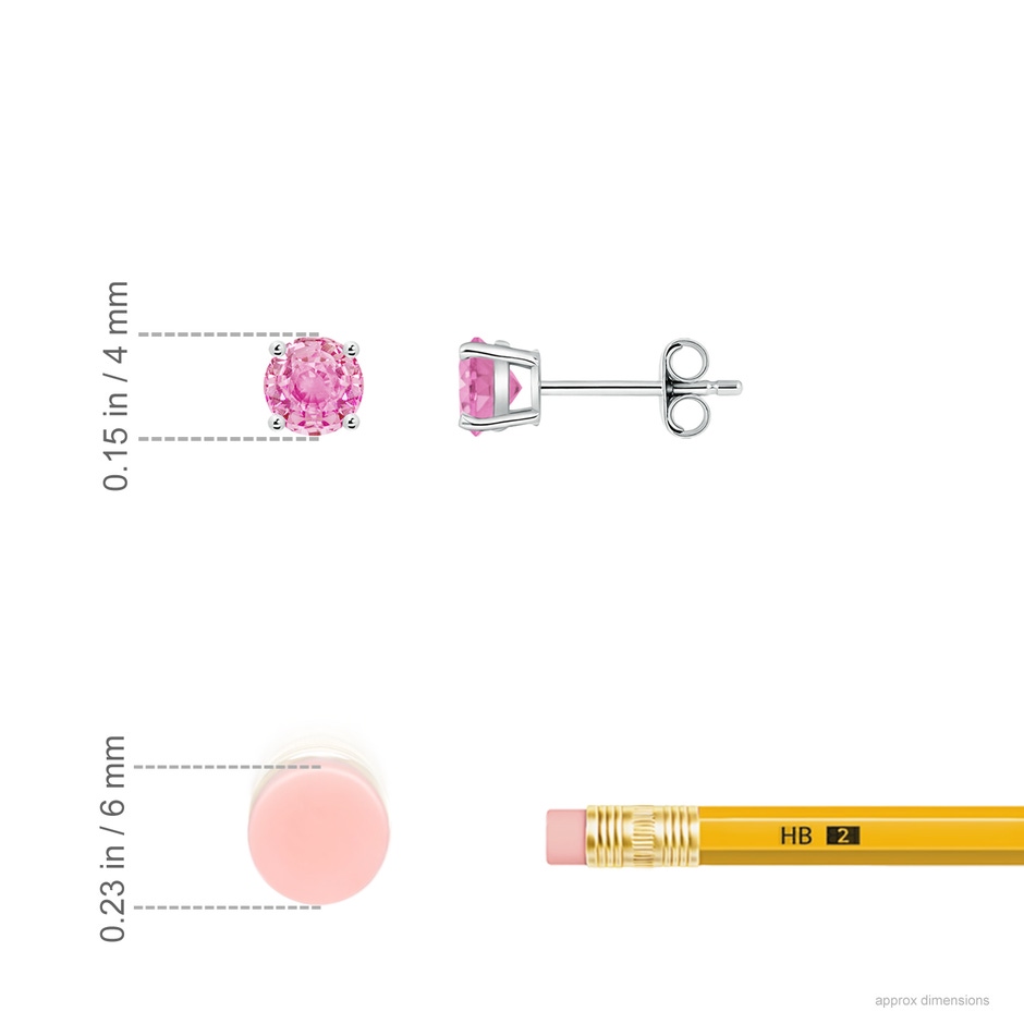 4mm A Round Pink Sapphire Stud Earrings in White Gold ruler