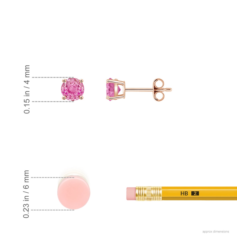 4mm AA Round Pink Sapphire Stud Earrings in Rose Gold ruler