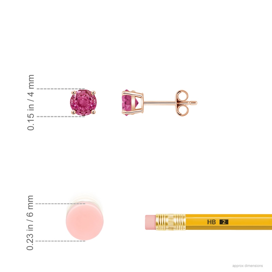 4mm AAAA Round Pink Sapphire Stud Earrings in Rose Gold ruler