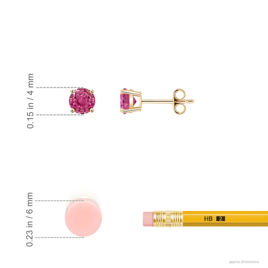 4mm AAAA Round Pink Sapphire Stud Earrings in Yellow Gold ruler