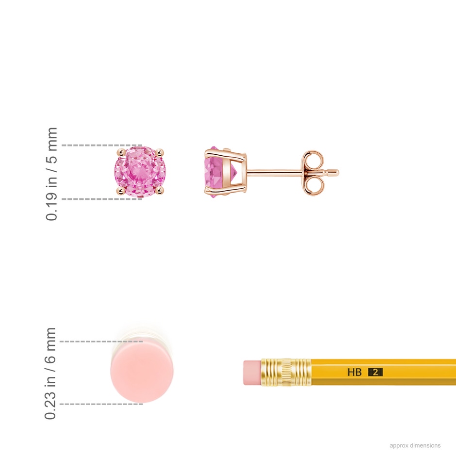 5mm A Round Pink Sapphire Stud Earrings in Rose Gold ruler