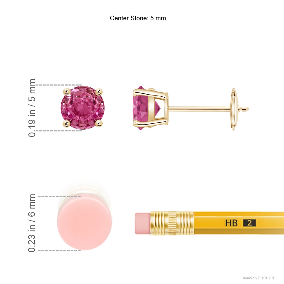 5mm AAAA Round Pink Sapphire Stud Earrings in Yellow Gold ruler